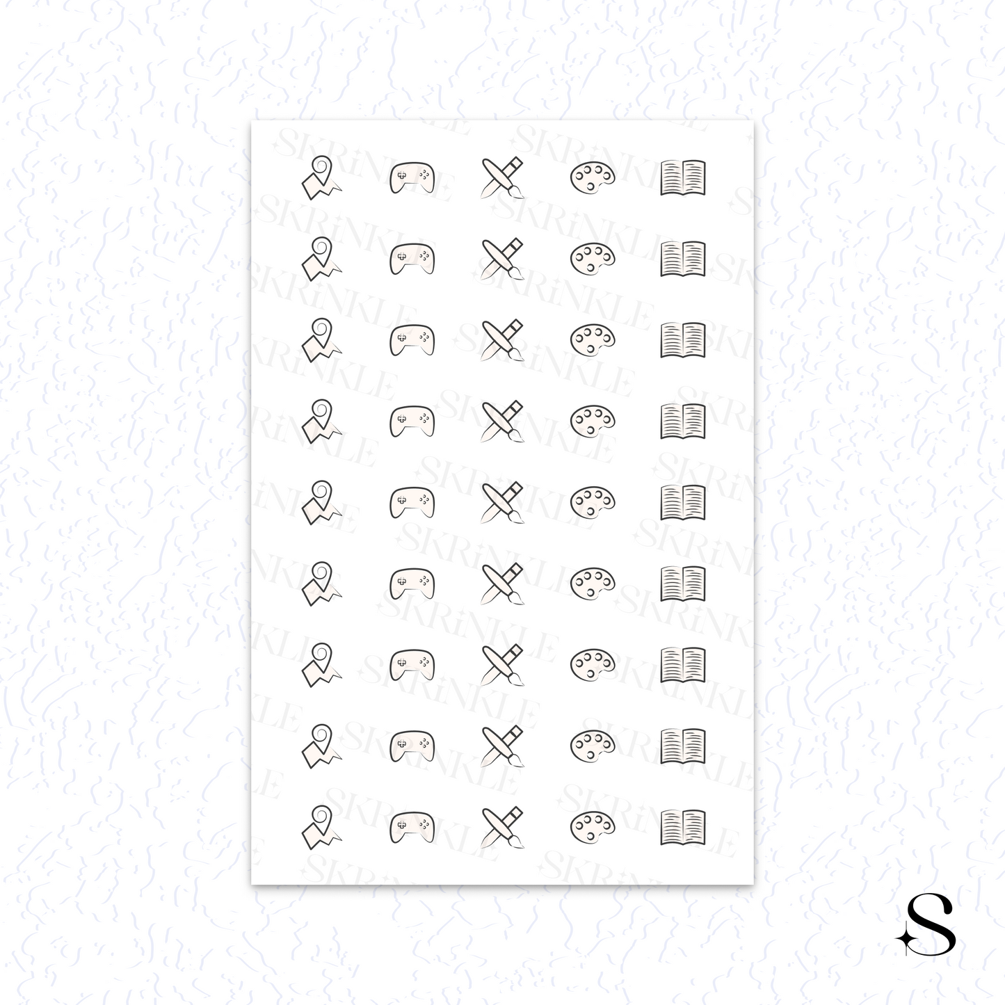 Sheet of black line art icon cute journal stickers on a white background