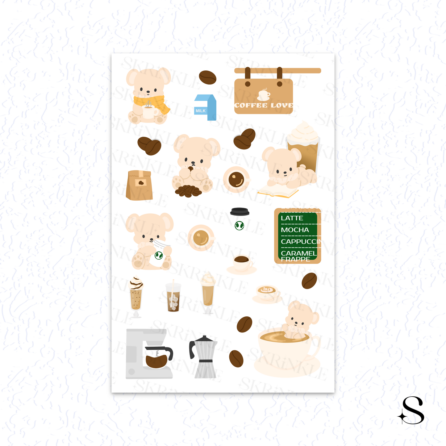 Sheet of coffee-themed stickers with bears and coffee-related graphics on a white background cute journal stickers