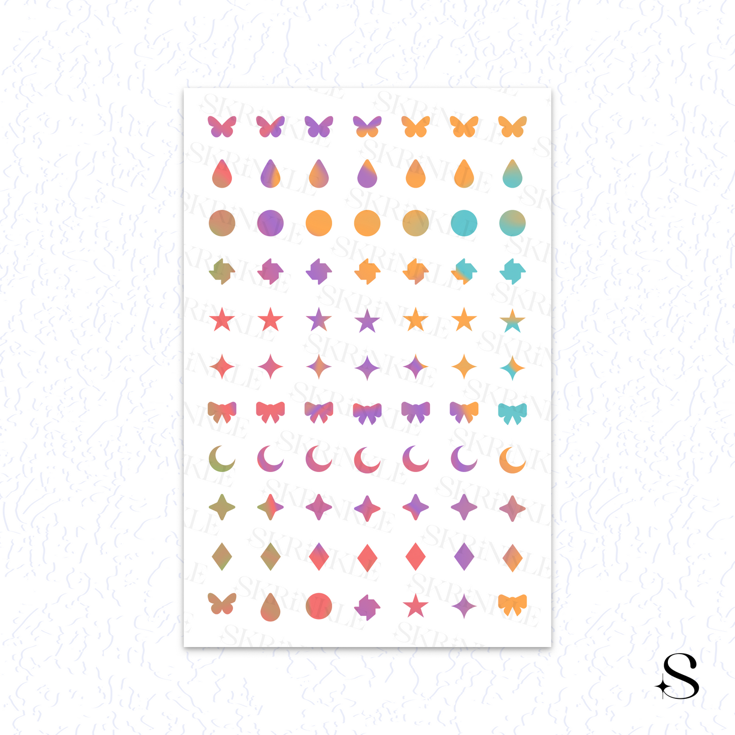 Sheet of colorful cute journal stickers with various shapes on a white background