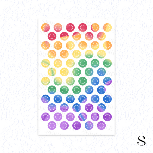 Sheet of colorful circular cute journal stickers arranged in a grid on a white background.
