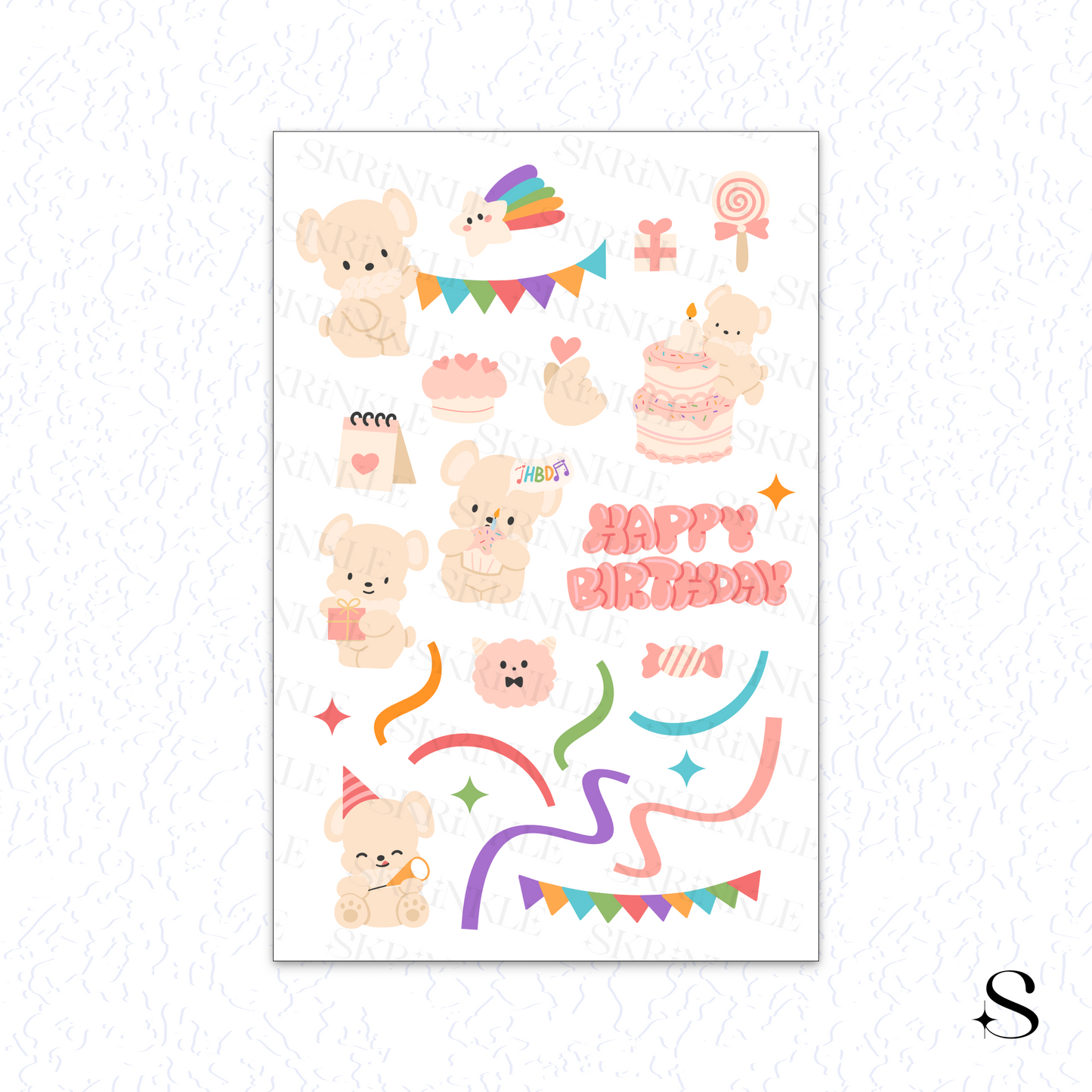 Sheet of birthday-themed stickers with teddy bears, rainbow elements, and 'Happy Birthday' text on a white background.