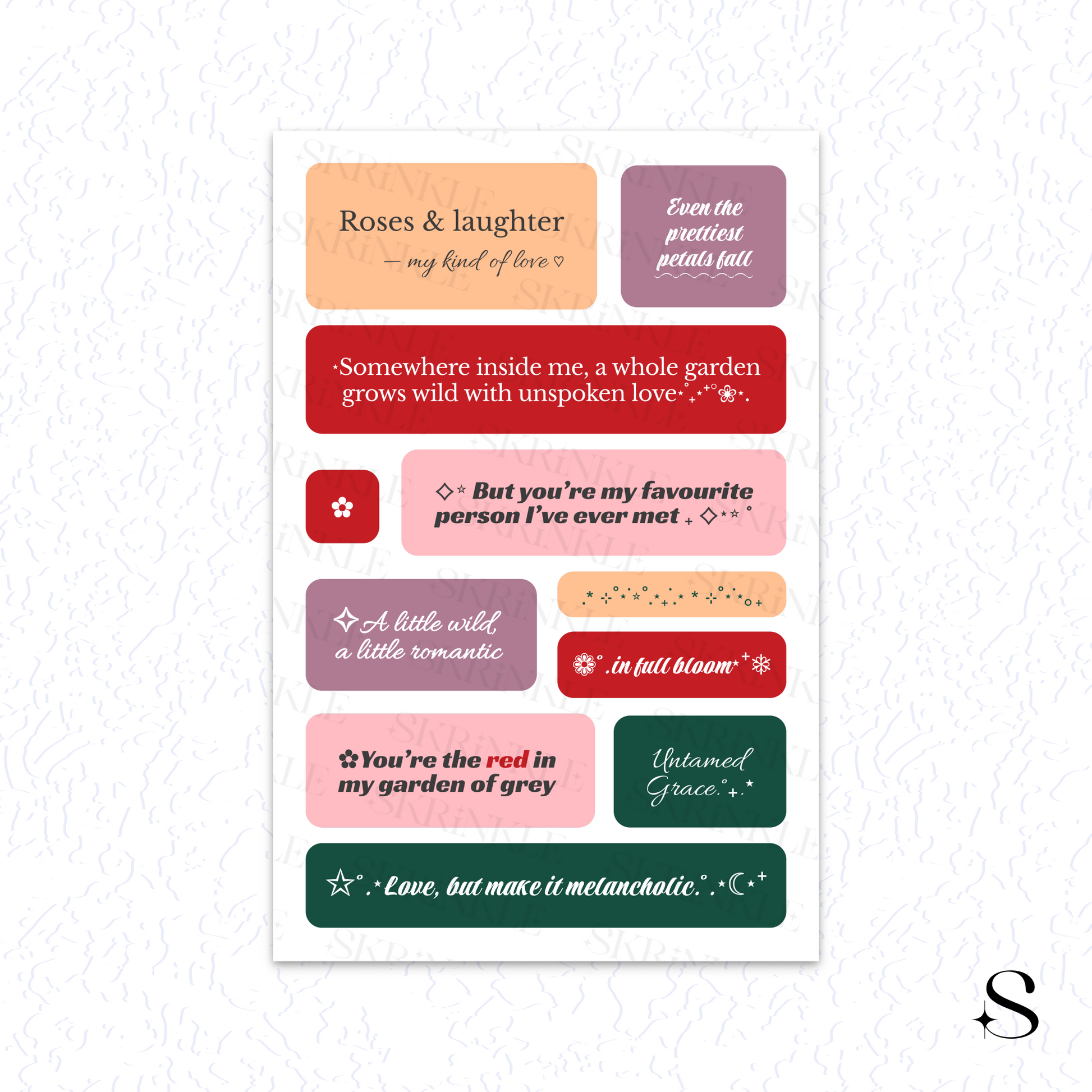 Sheet of romantic-themed stickers with various phrases on a white background cute journal stickers