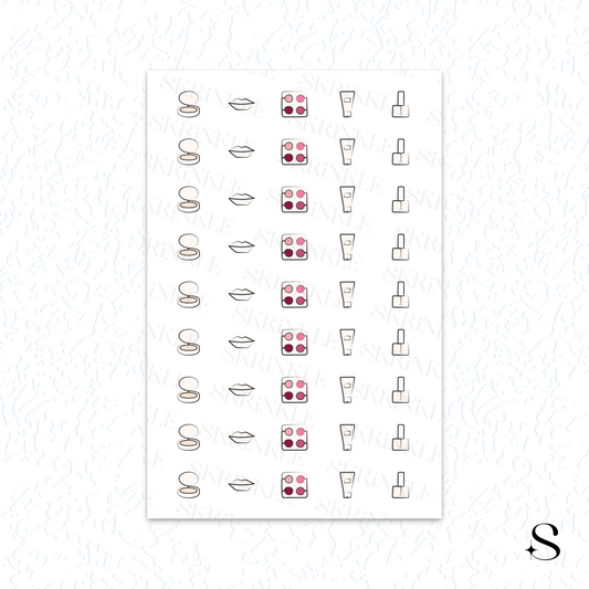 Sheet of art cute journal stickers with various designs on a white background