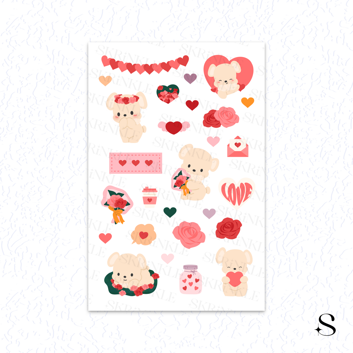 Sheet of decorative stickers with teddy bears, hearts, and flowers on a white background cute journal stickers
