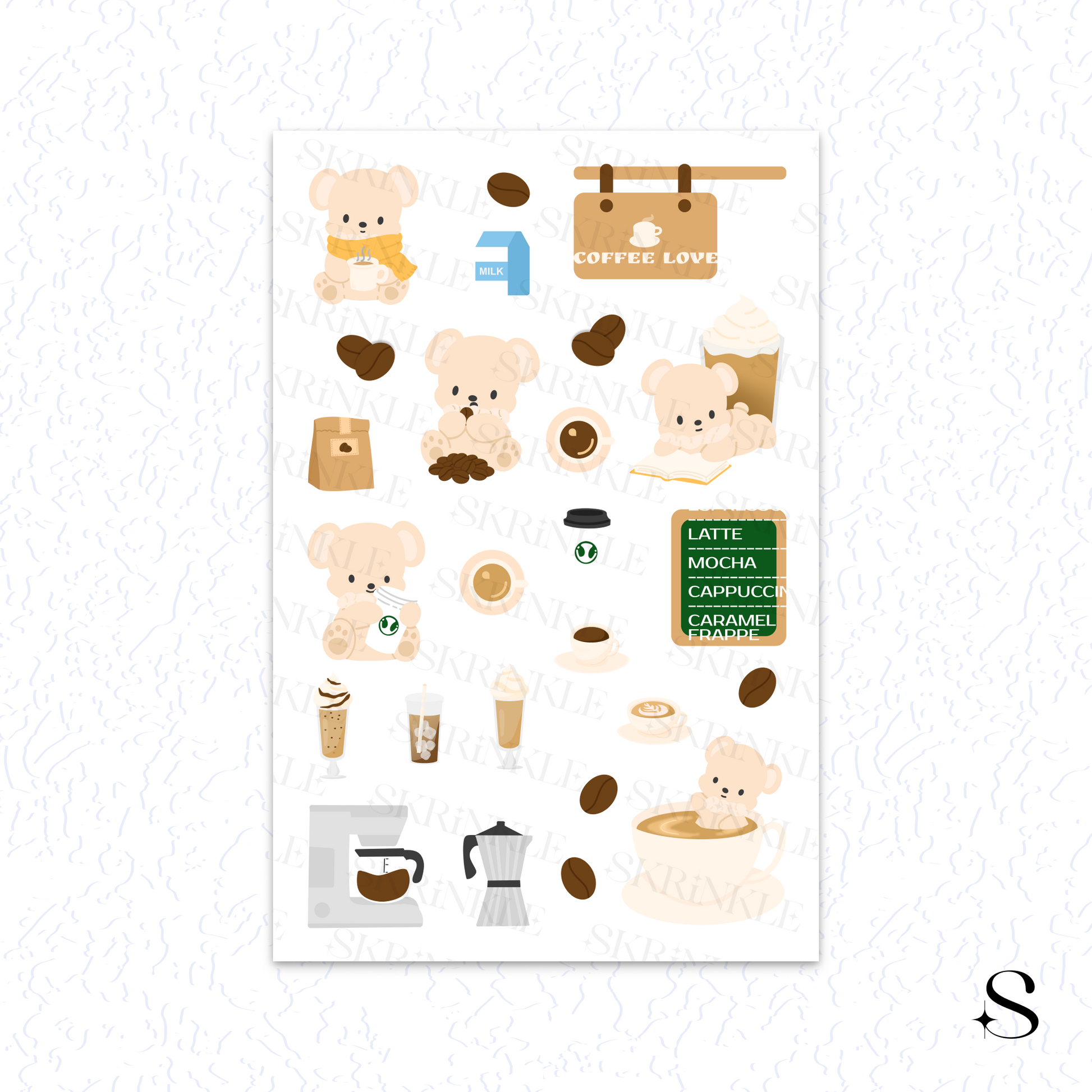 Sheet of coffee-themed stickers with bears and coffee-related graphics on a white background cute journal stickers
