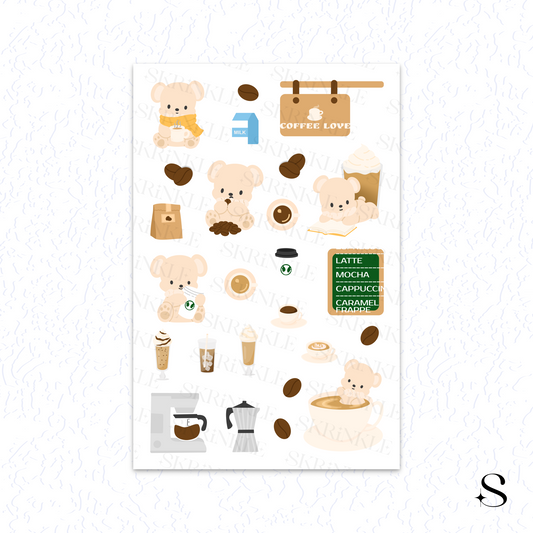 Sheet of coffee-themed stickers with bears and coffee-related graphics on a white background cute journal stickers