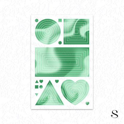 Sheet of green geometric cute journal stickers on a white background