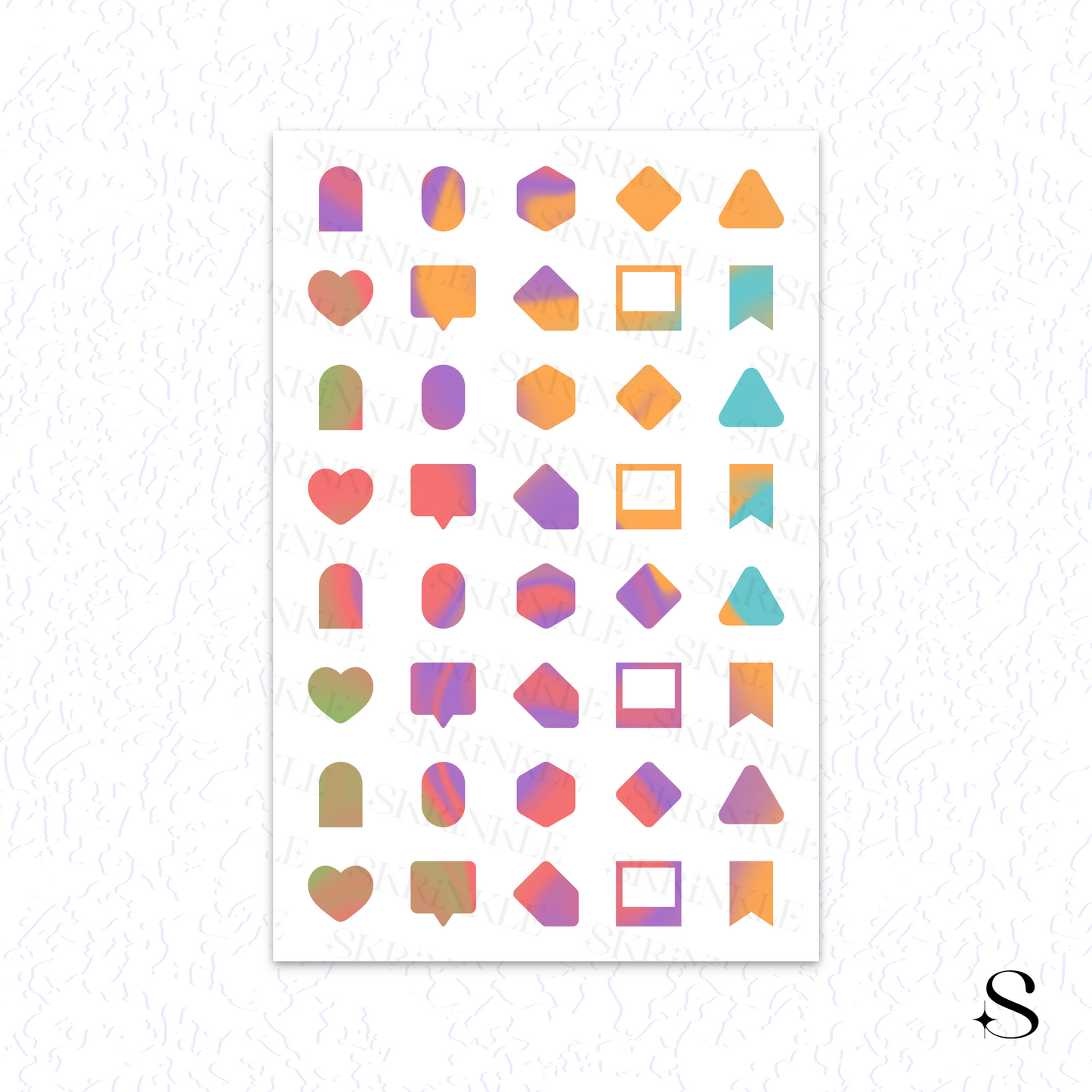 Sheet of colorful geometric cute journal stickers on a white background
