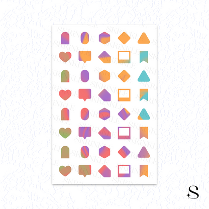 Sheet of colorful geometric cute journal stickers on a white background