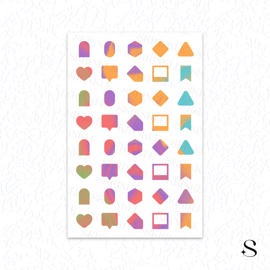 Sheet of colorful geometric cute journal stickers on a white background