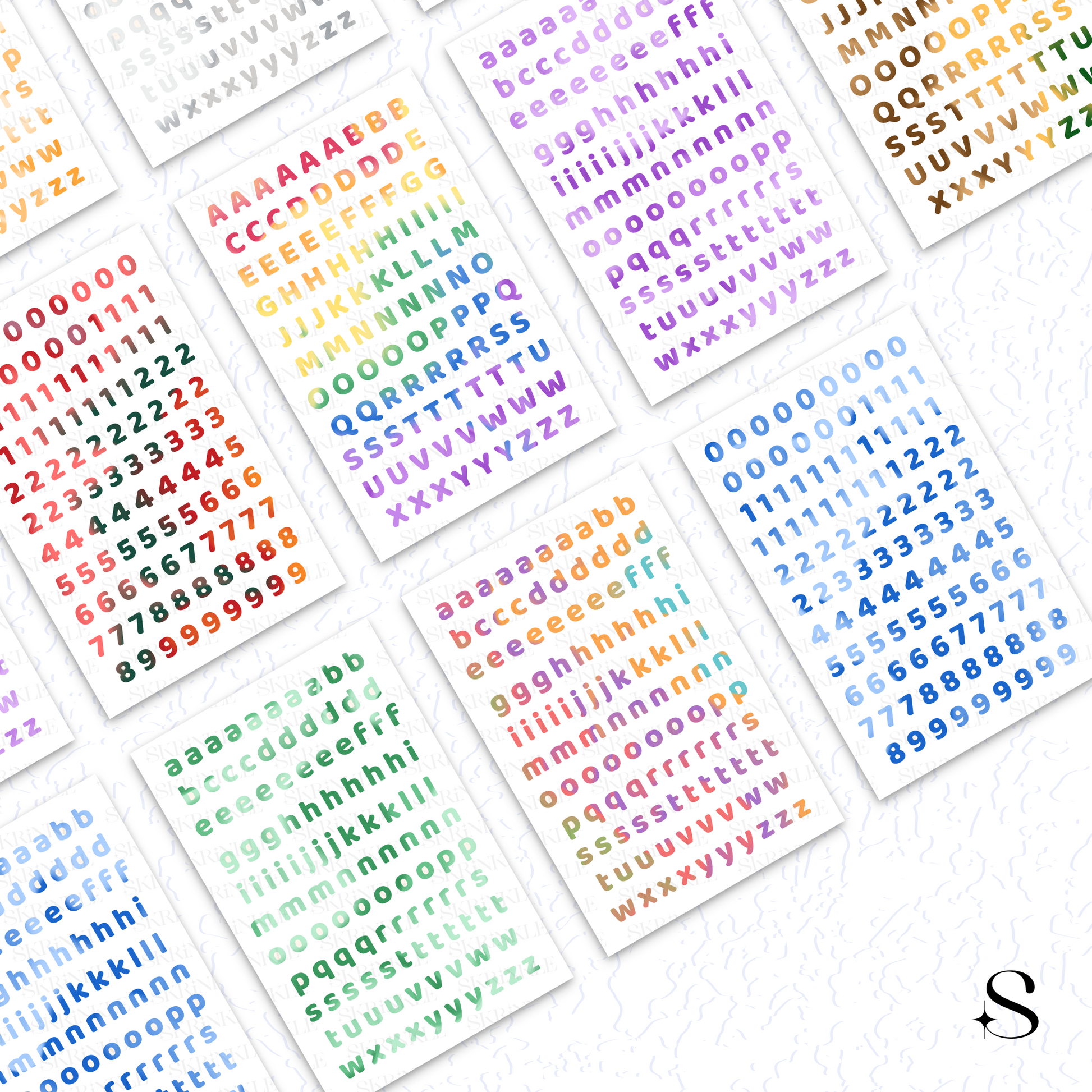 Colorful alphabet and number cute journal stickers on a white background