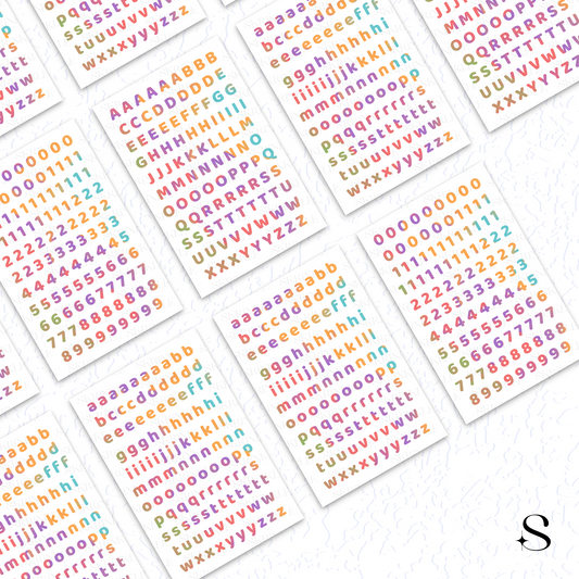 Colorful alphabet and number cute journal stickers on white background