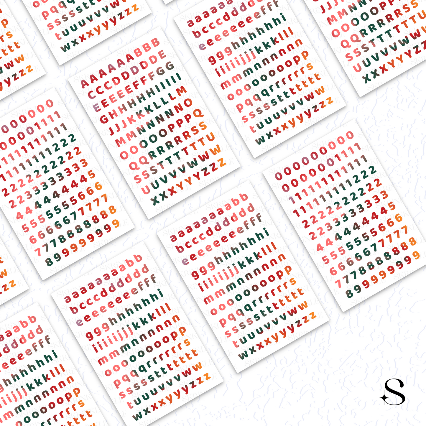 Set of small cute journal stickers with colored letters and numbers on a white background