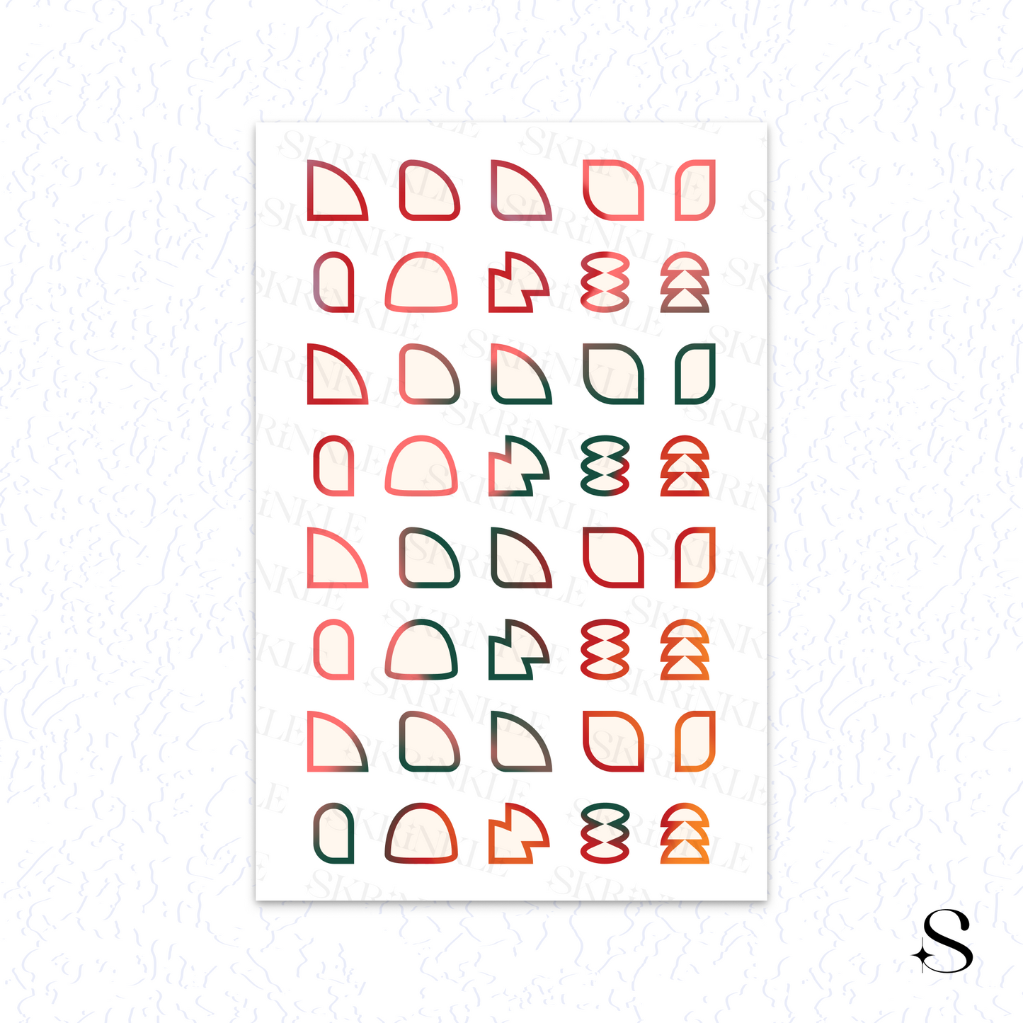 Pattern of geometric cute journal stickers in red, green on a white background