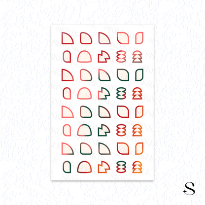 Pattern of geometric cute journal stickers in red, green on a white background