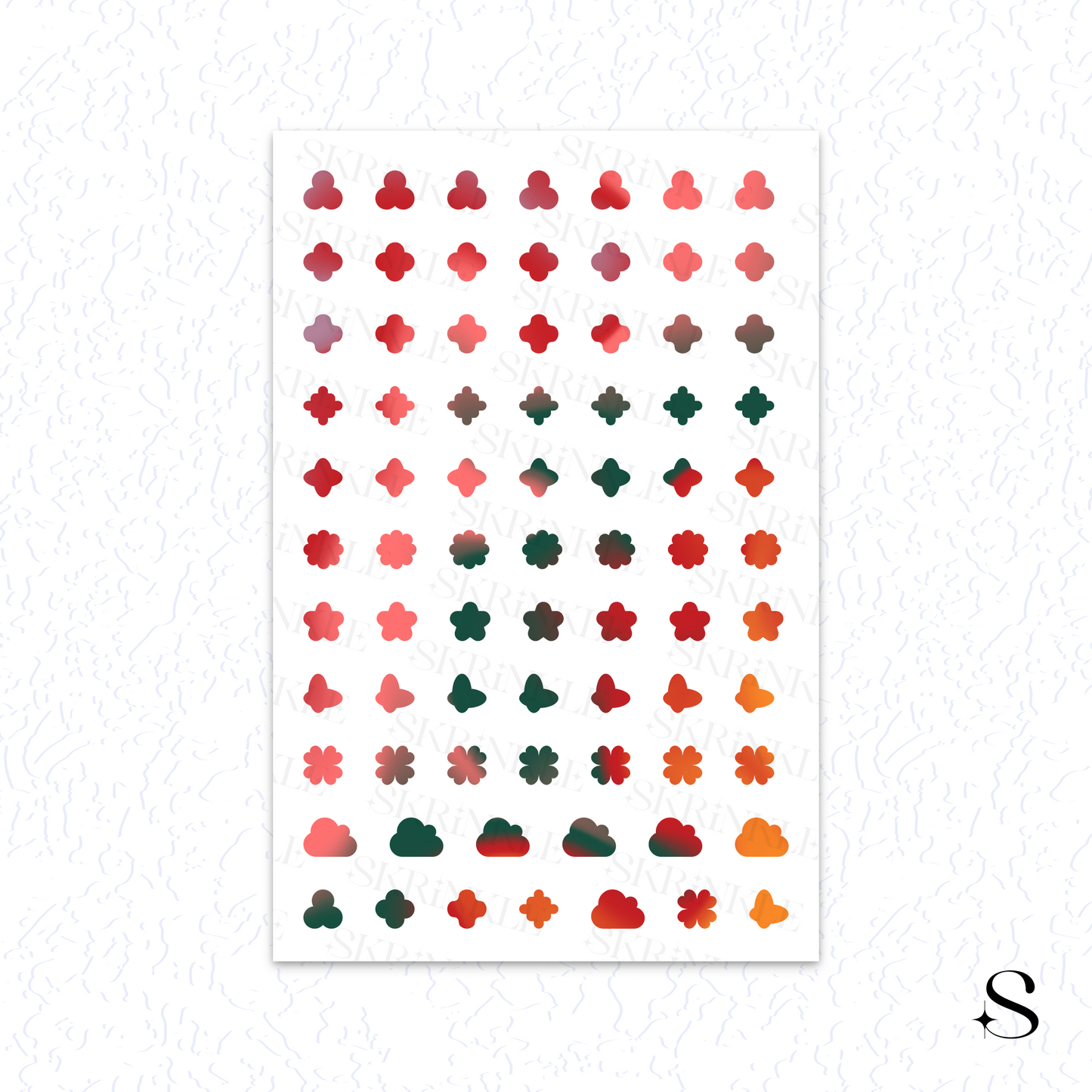 Pattern of colorful geometric cute journal stickers on a white background