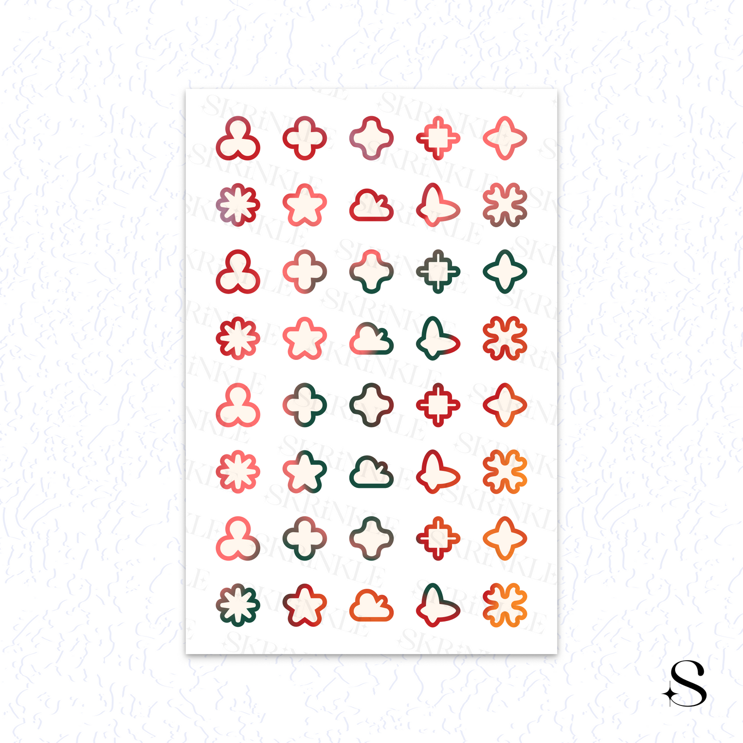 Sheet of small, colorful geometric cute journal stickers on a white background
