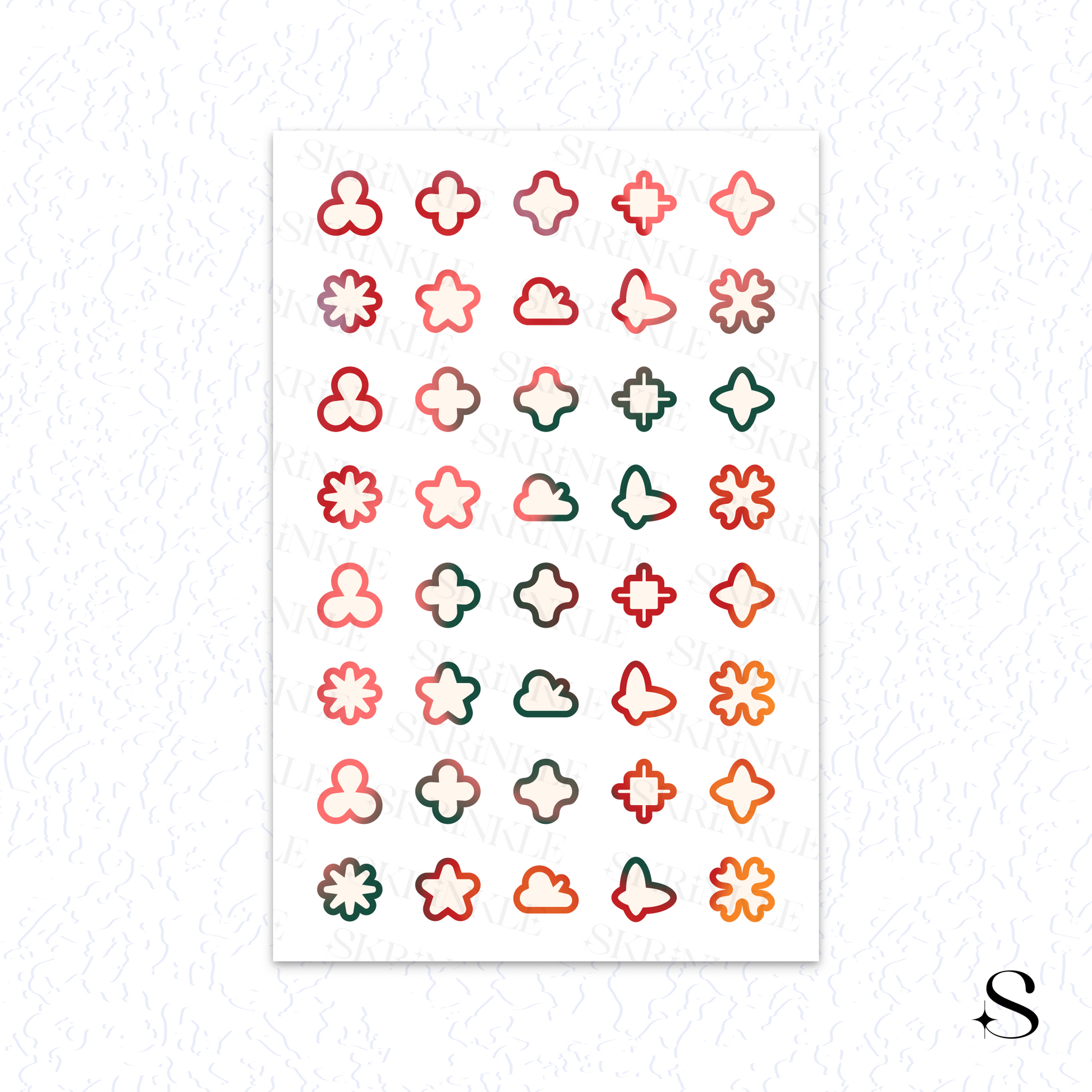 Sheet of small, colorful geometric cute journal stickers on a white background