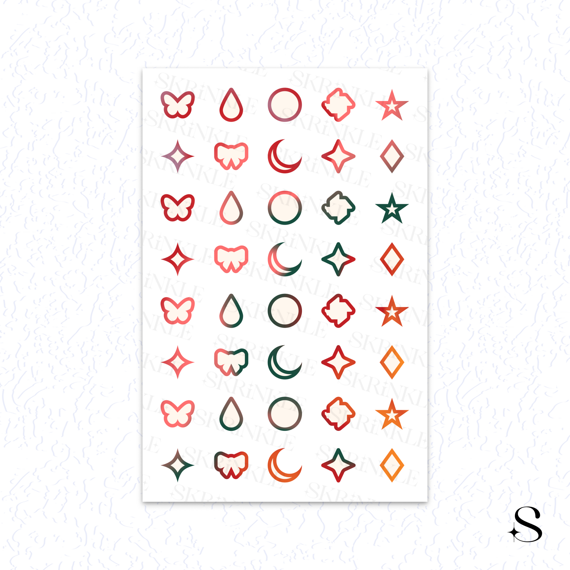 Sheet of small, colorful geometric and love-themed cute journal stickers on a white background.