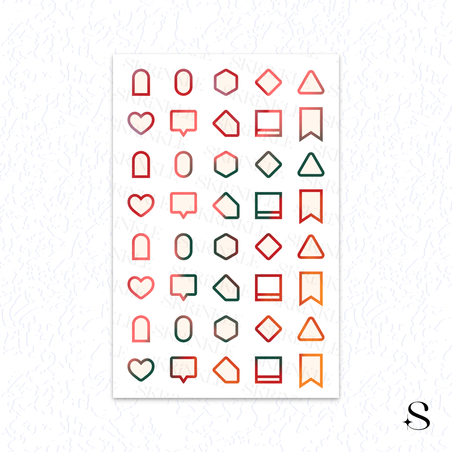 Sheet of decorative stickers with various cute journal stickers on a white background