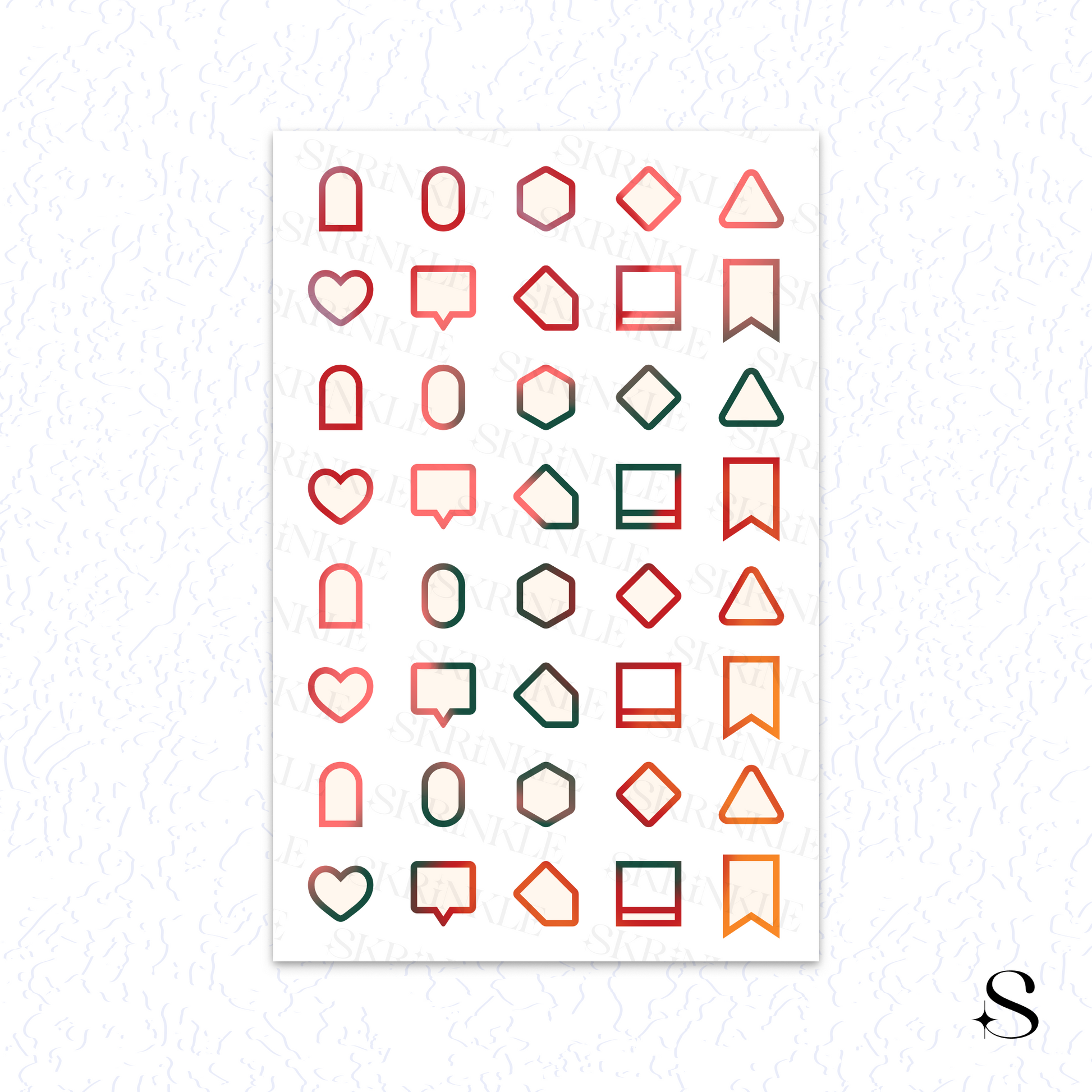 Sheet of decorative stickers with various cute journal stickers on a white background