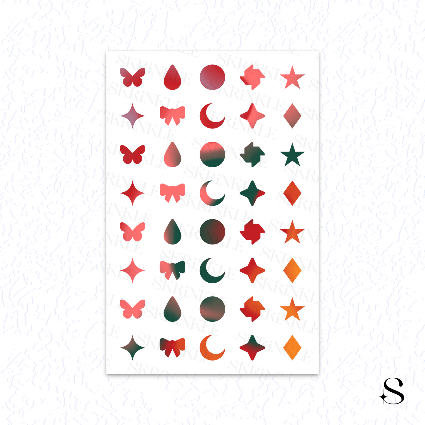 Sheet of geometric cute journal stickers with various shapes on a white background