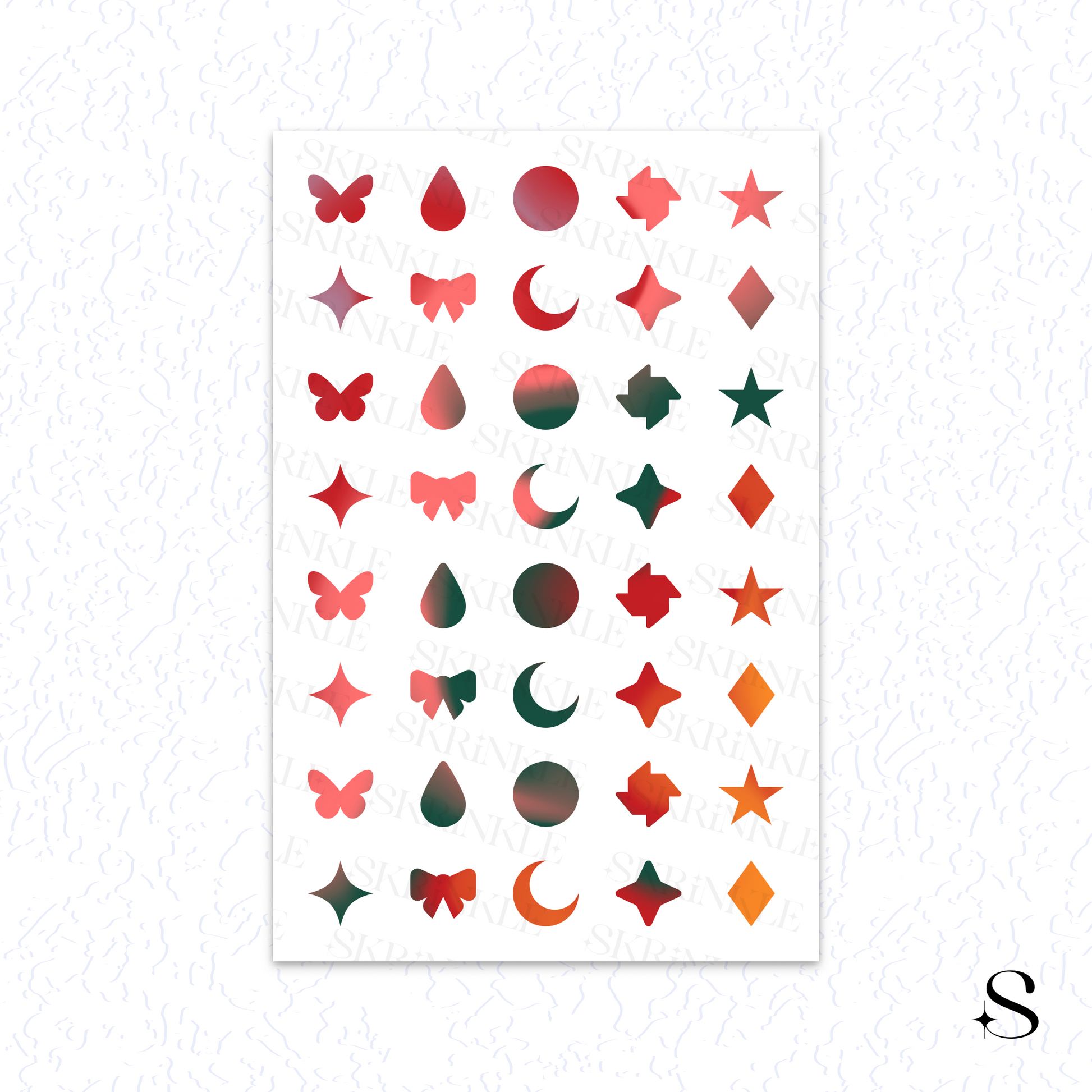 Sheet of geometric cute journal stickers with various shapes on a white background