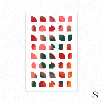 Geometric pattern with red, green, and orange cute journal stickers on a white background