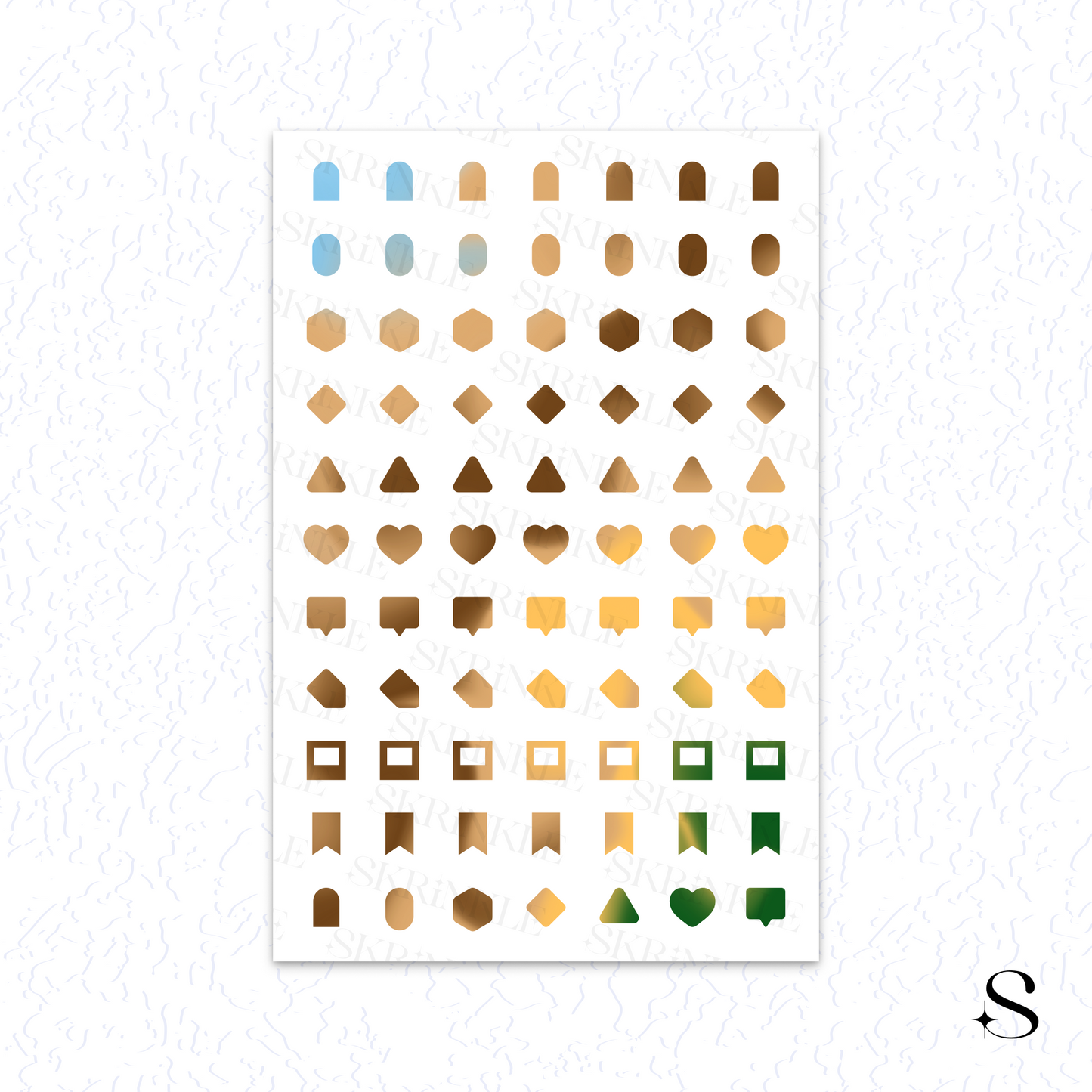 Sheet of geometric shapes in various colors on a white background, cute journal stickers