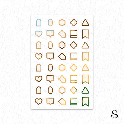 Sheet of decorative shapes with various cute journal stickers on a white background