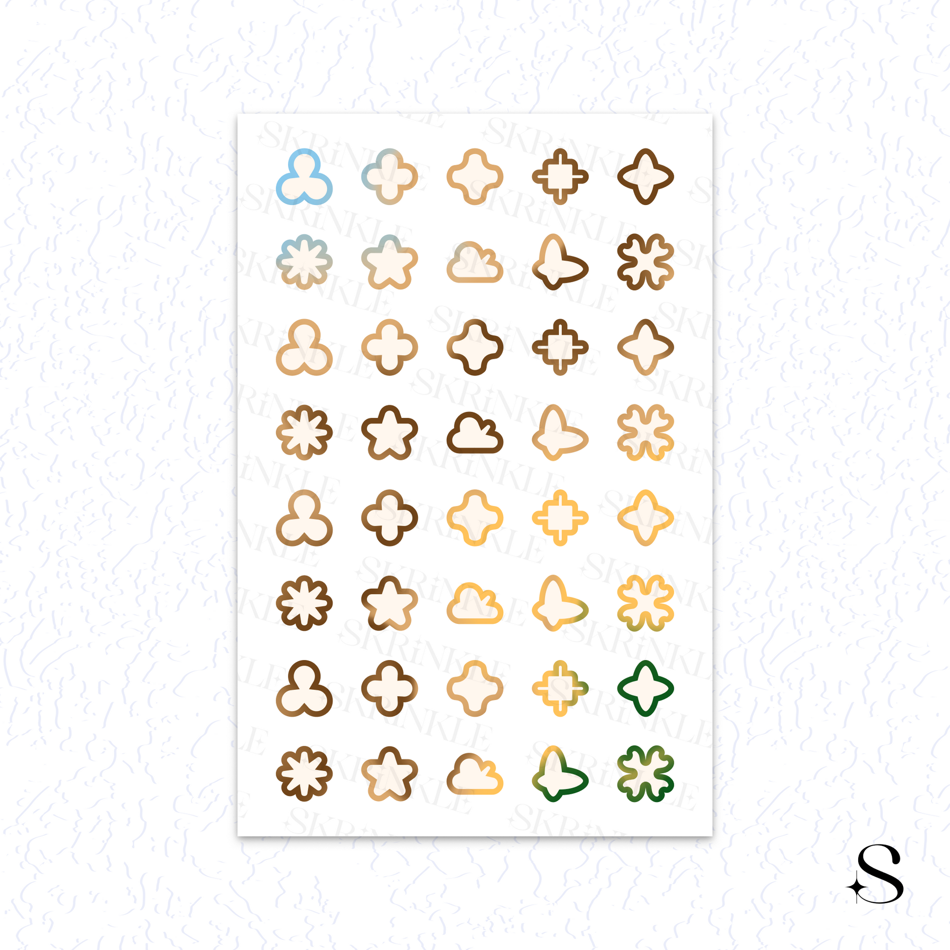 Sheet of small, colorful geometric stickers on a white background, cute journal stickers