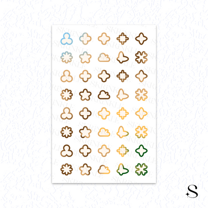 Sheet of small, colorful geometric stickers on a white background, cute journal stickers