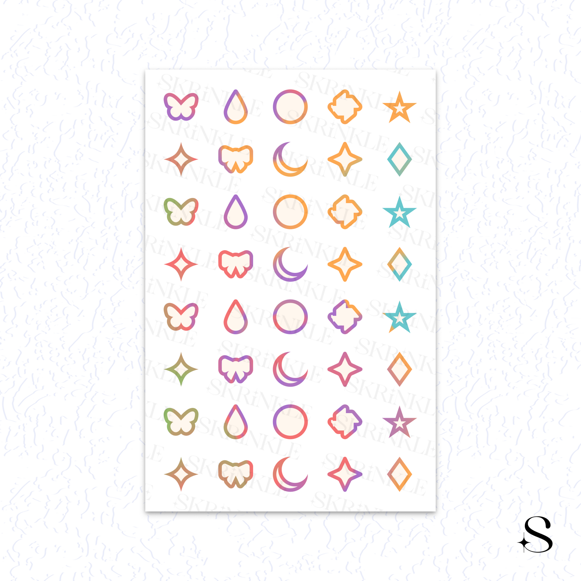 Sheet of colorful geometric and nature-themed cute journal stickers on a white background