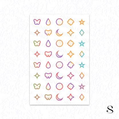 Sheet of colorful geometric and nature-themed cute journal stickers on a white background