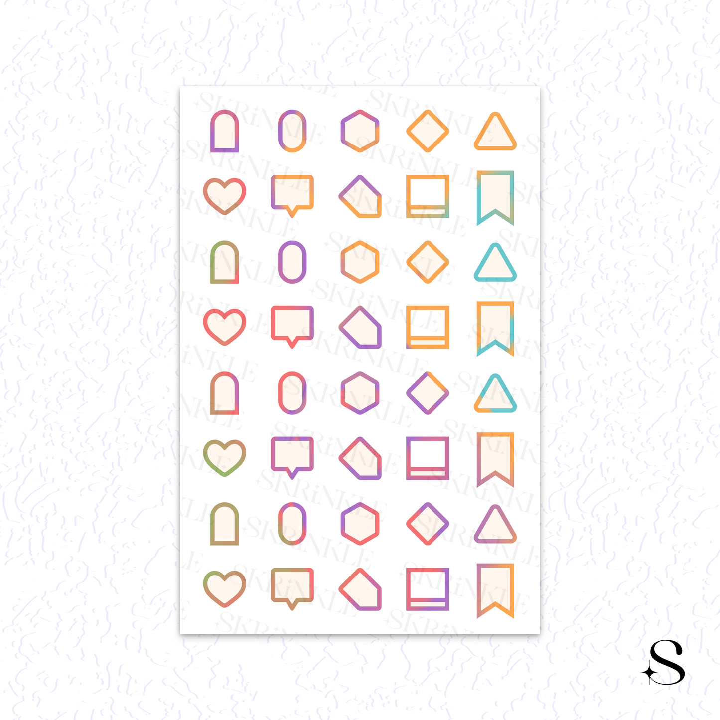 Sheet of colorful geometric and icon cute journal stickers on a white background