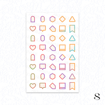Sheet of colorful geometric and icon cute journal stickers on a white background