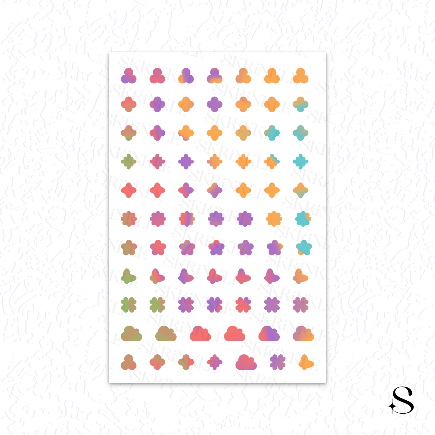 Sheet of colorful geometric cute journal stickers on a white background