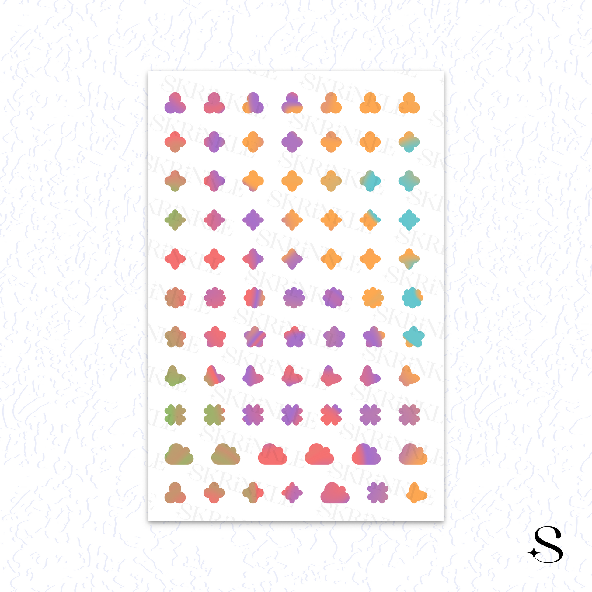 Sheet of colorful geometric cute journal stickers on a white background