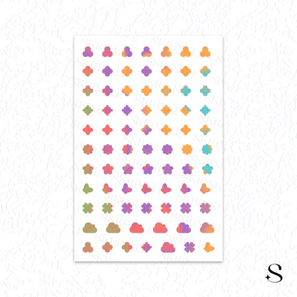 Sheet of colorful geometric cute journal stickers on a white background