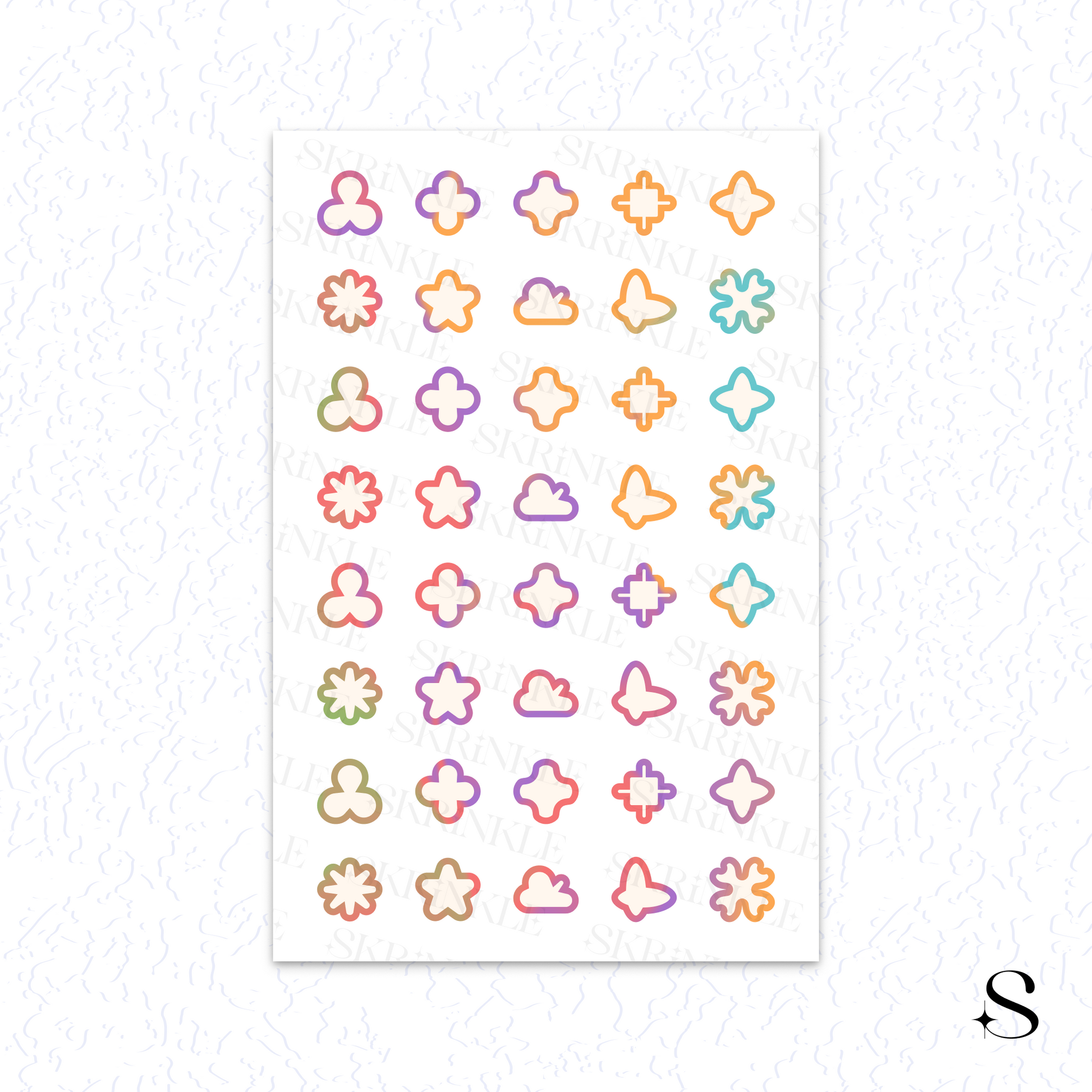 Sheet of colorful geometric cute journal stickers on a white background