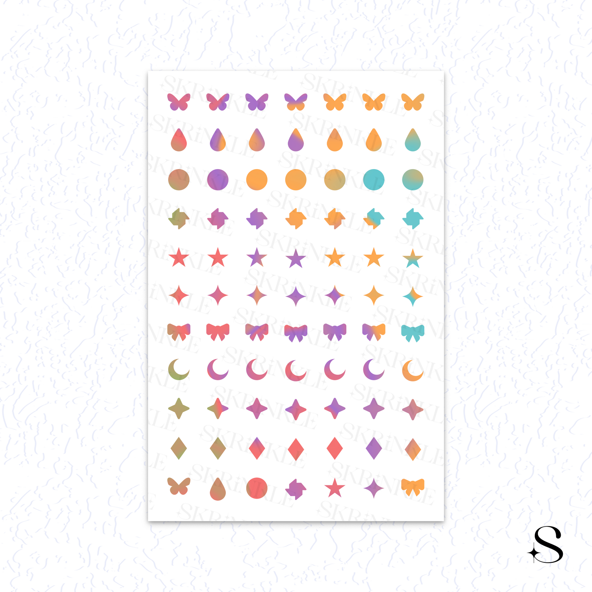 Sheet of colorful cute journal stickers with various shapes on a white background