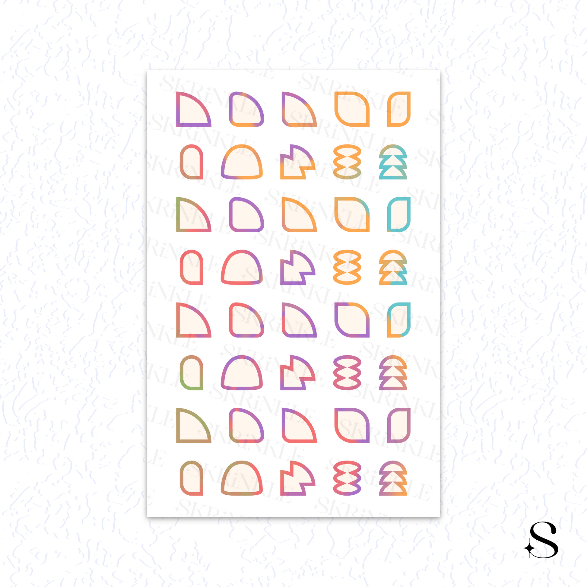 Sheet of colorful geometric cute journal stickers on a white background