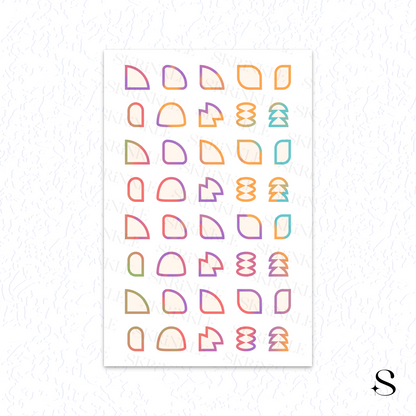Sheet of colorful geometric cute journal stickers on a white background