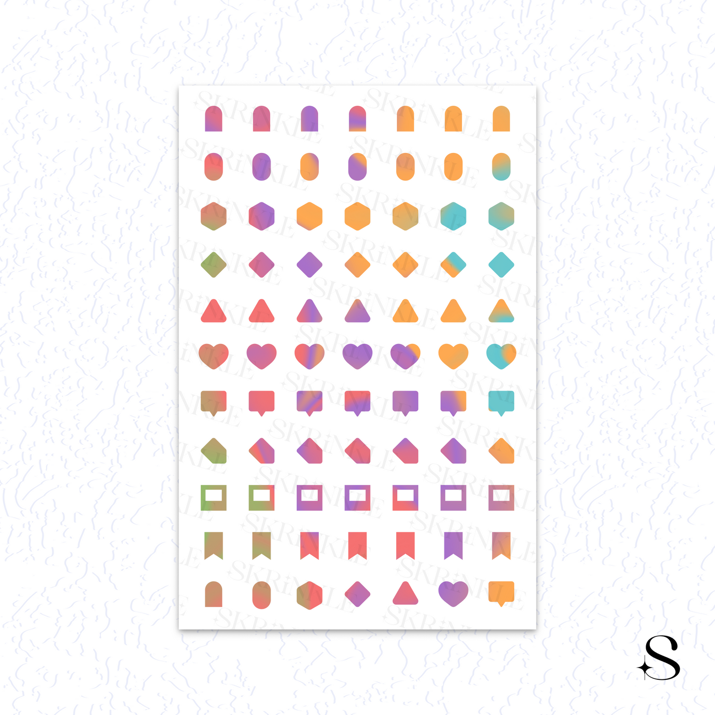 Sheet of colorful geometric cute journal stickers on a white background