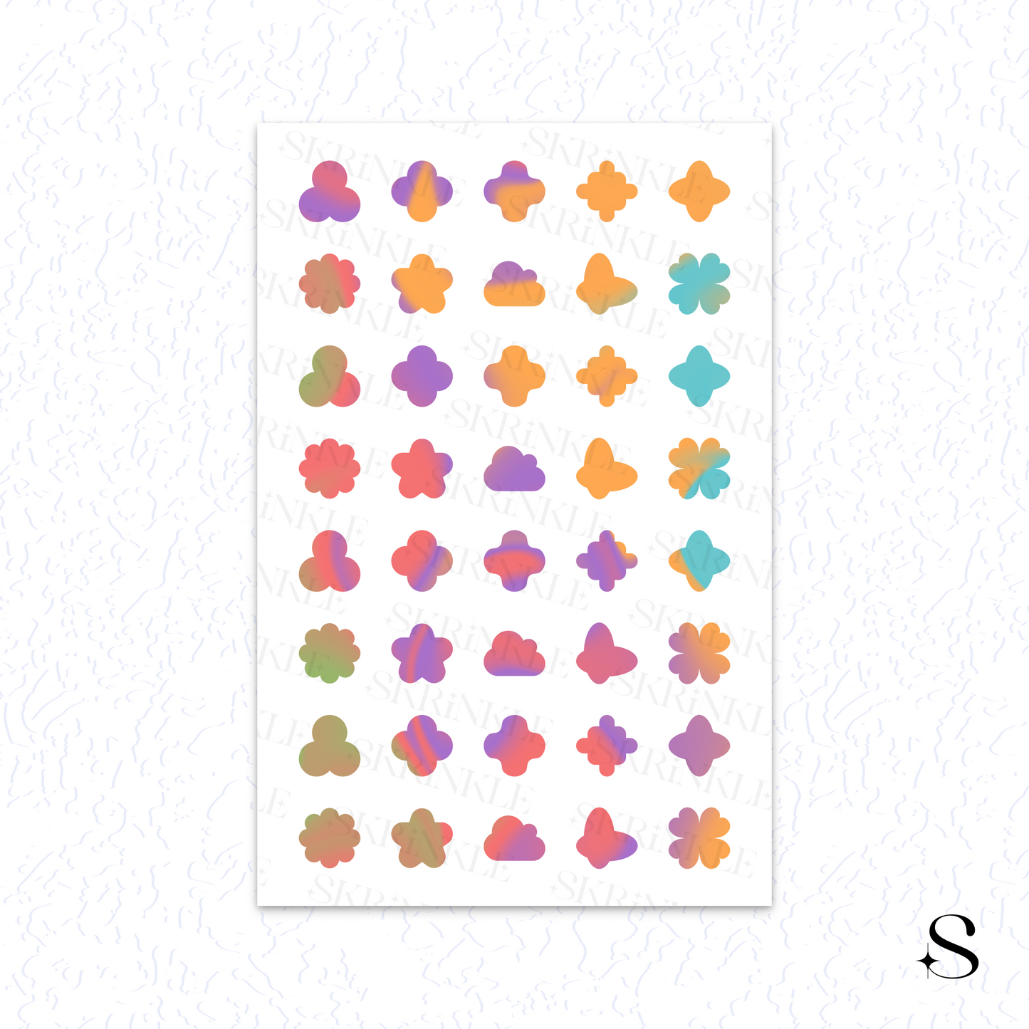 Sheet of colorful flower-shaped cute journal stickers on a white background