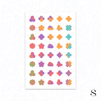 Sheet of colorful flower-shaped cute journal stickers on a white background