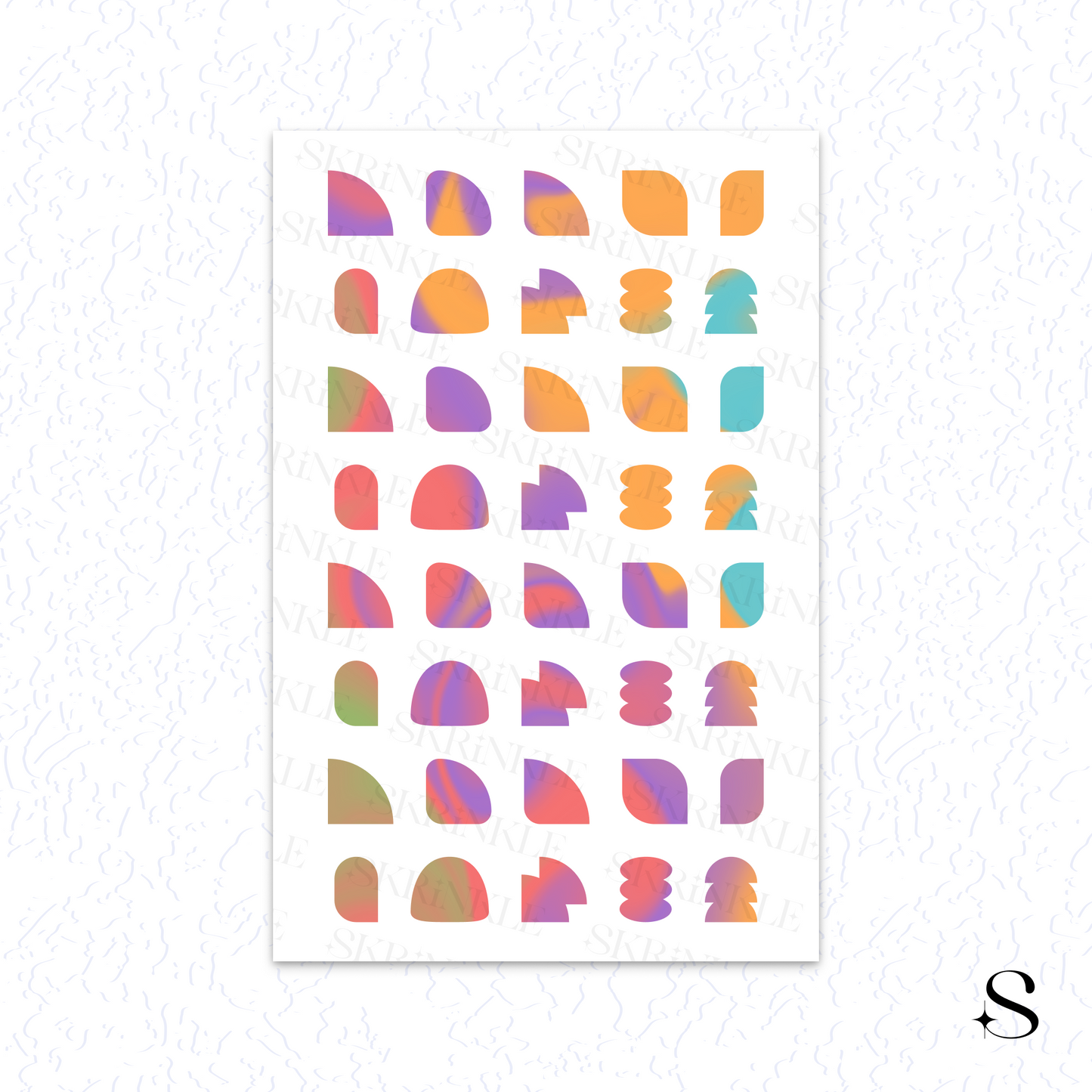Pattern of colorful geometric cute journal stickers on a white background