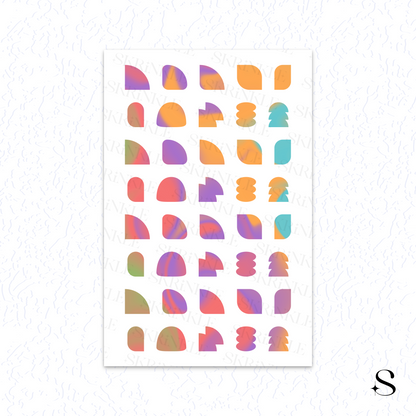 Pattern of colorful geometric cute journal stickers on a white background