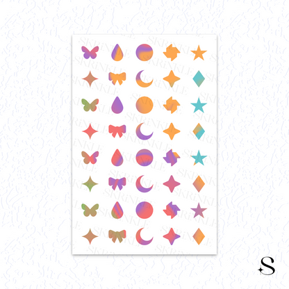 Sheet of colorful geometric and nature-themed cute journal stickers on a white background